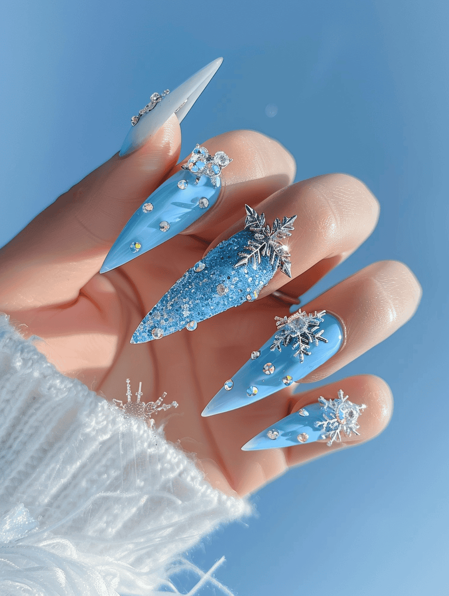 Icy blue nails with snowflake charms