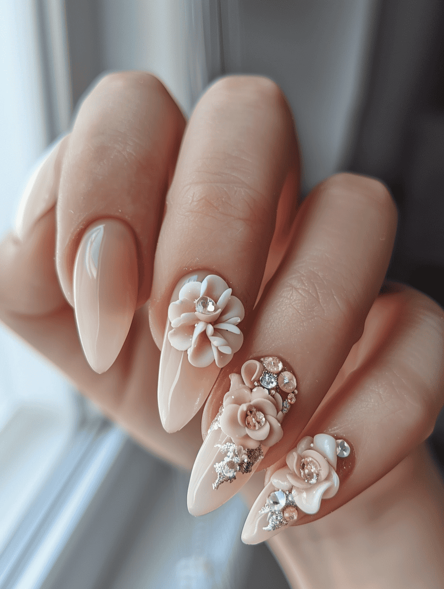 Beige nails with floral charms
