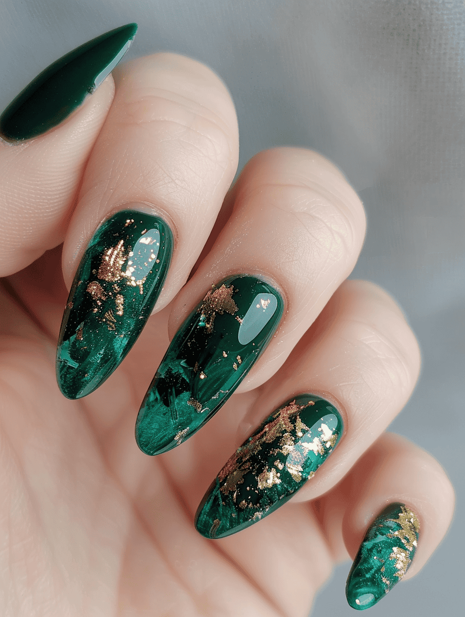 Emerald green nails with gold flakes