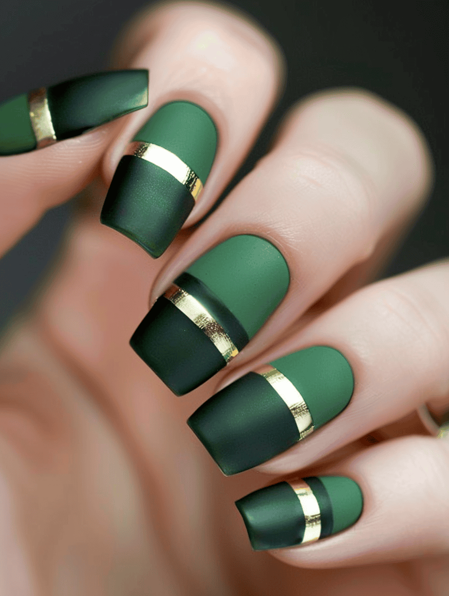 Matte green nails with glossy gold stripes