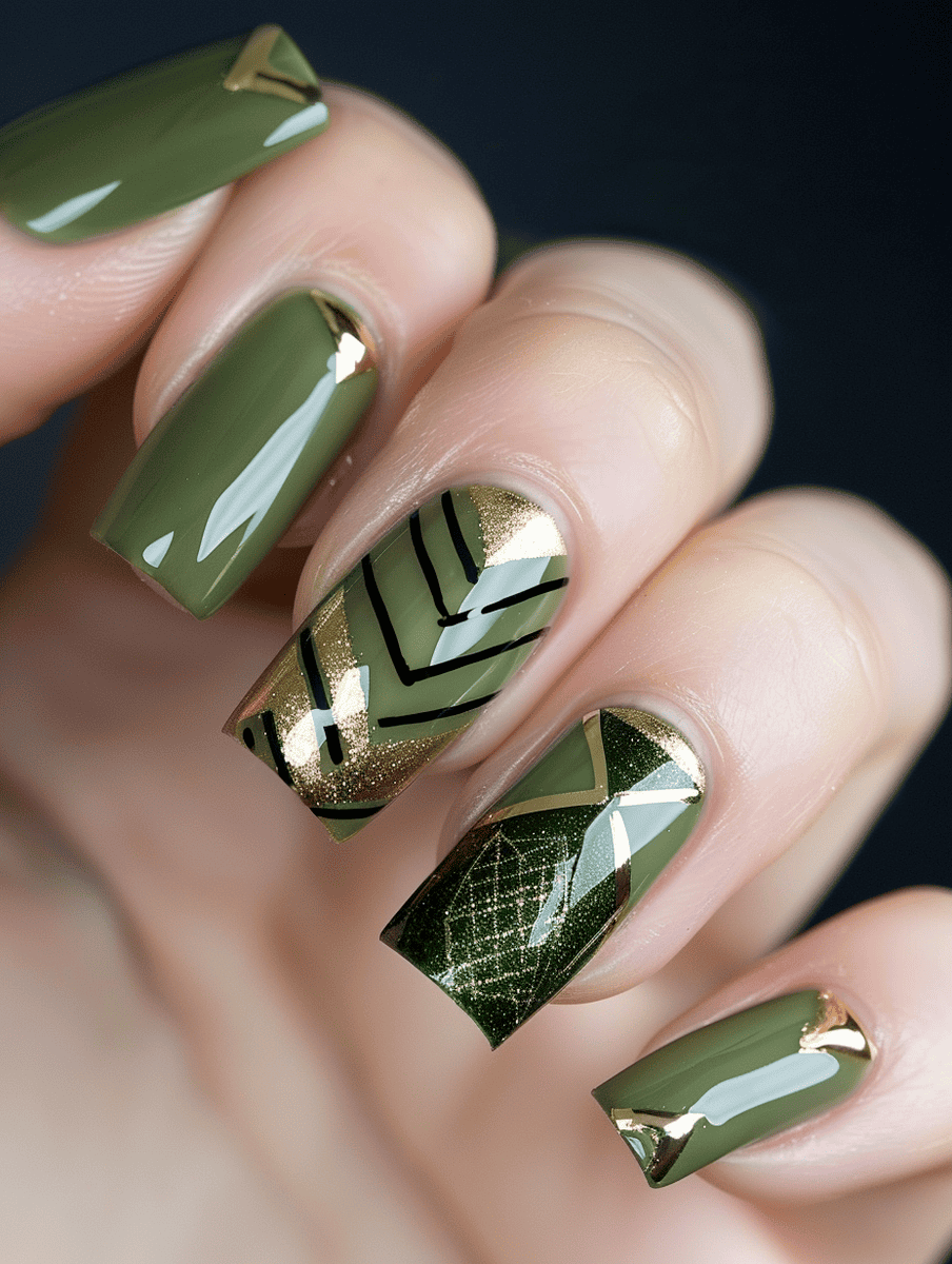 Olive green nails with gold geometric patterns