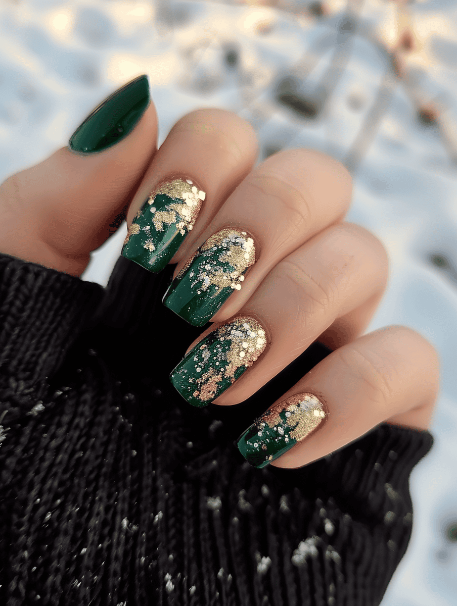Dark green nails with chunky gold glitter