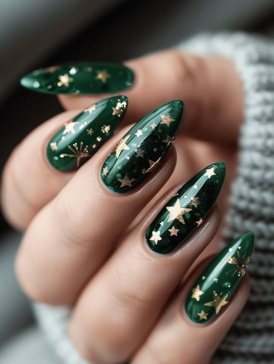 Dark forest nails with gold stars