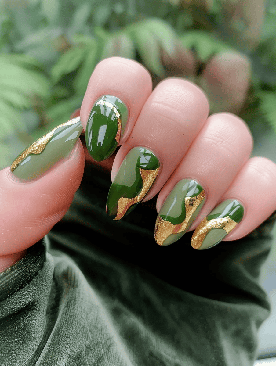 Avocado green nails with gold abstract art