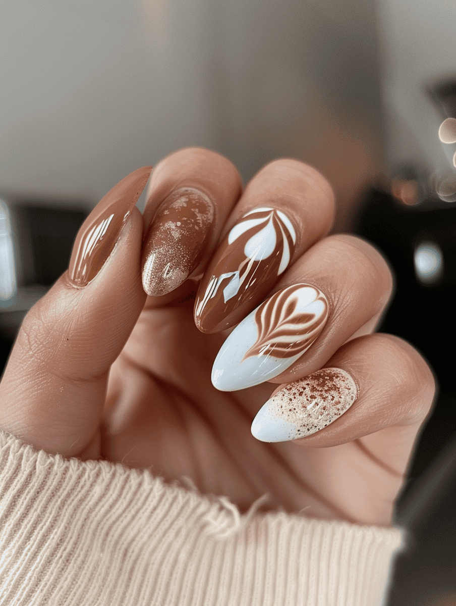 Latte art patterns on almond-shaped nails
