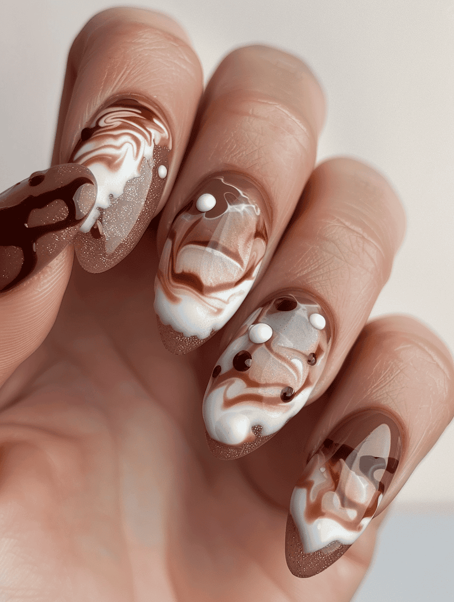 Cappuccino foam art on oval nails