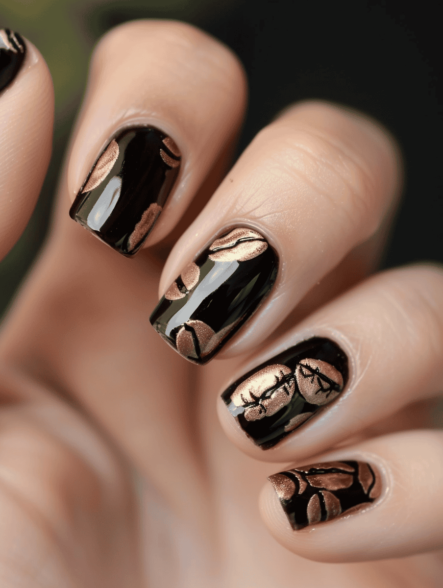 Coffee bean decals on square nails