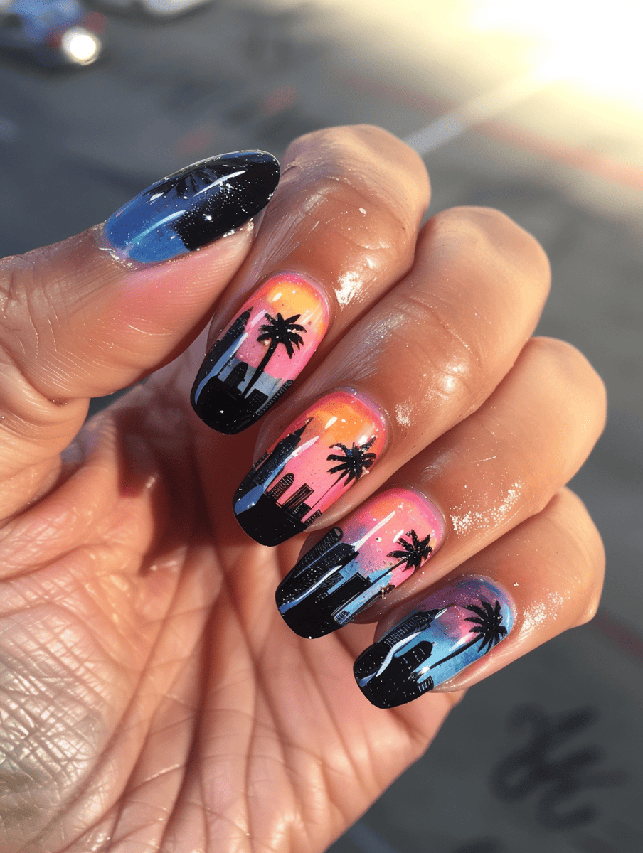 city skyline nail art design featuring Los Angeles palm trees and Sunset Boulevard