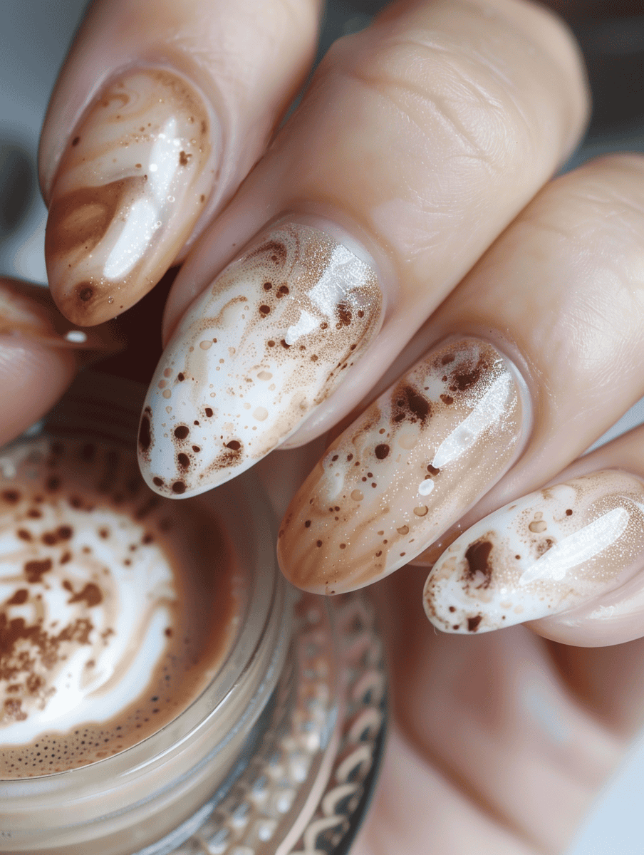 Frothy cappuccino textures on acrylic nails