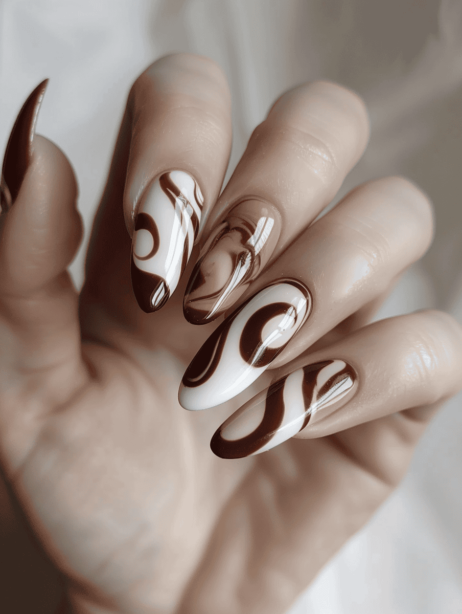 Coffee and cream swirls on medium nails