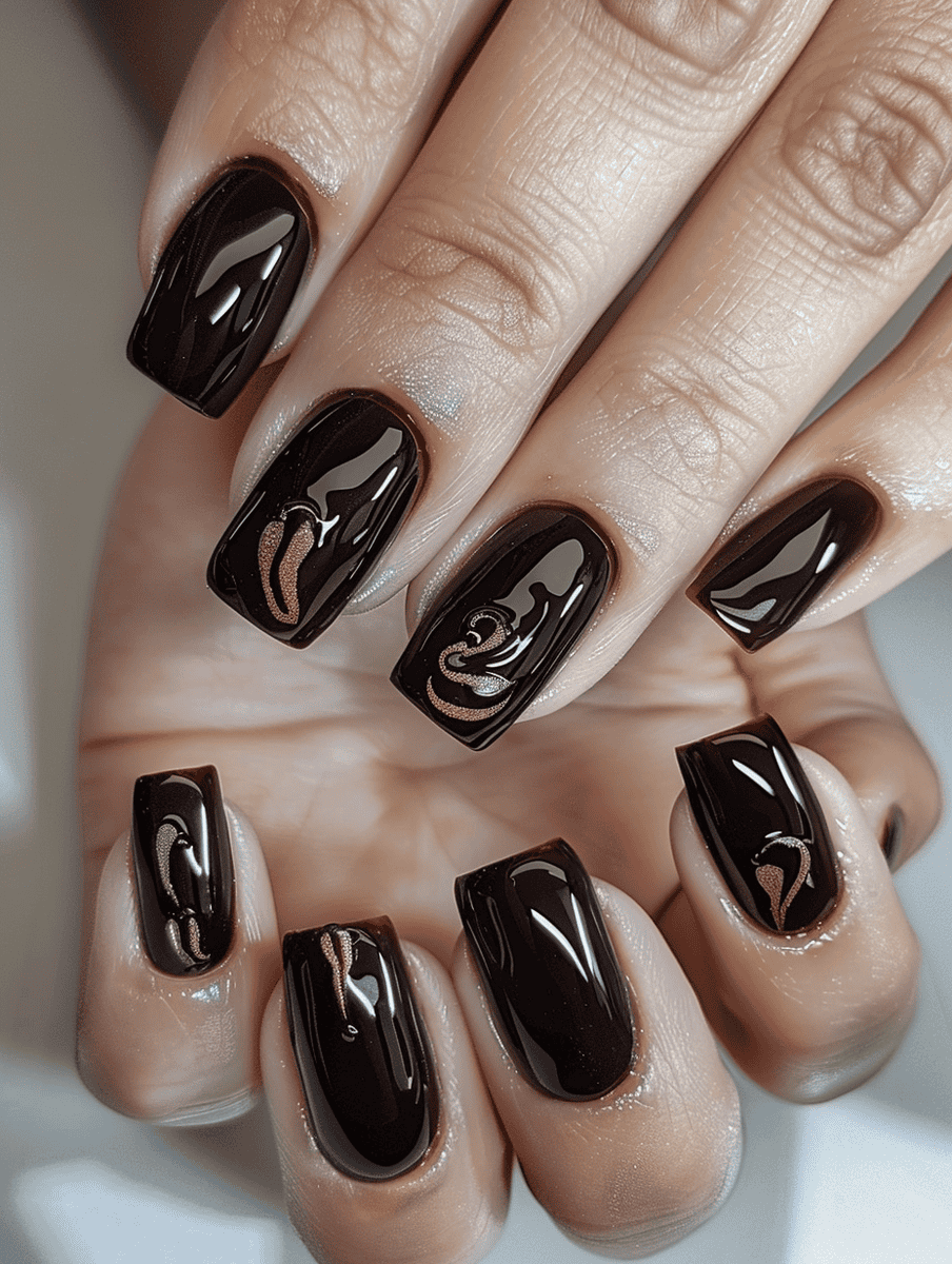 Black coffee shine on long square nails