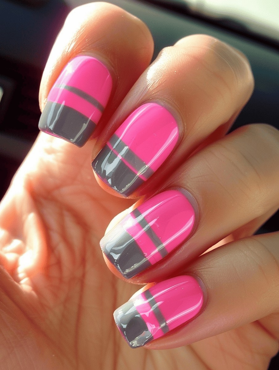 pink nails with grey stripes