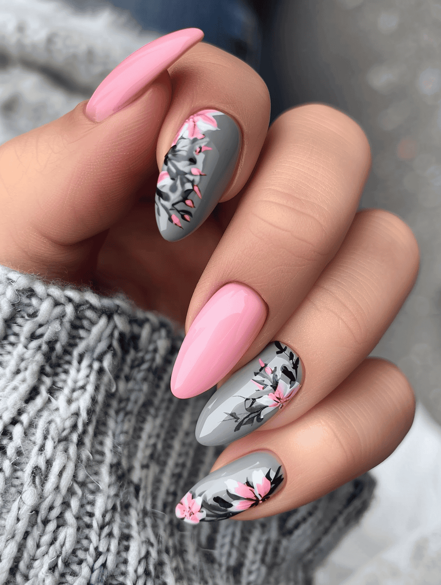grey nails with pink floral designs