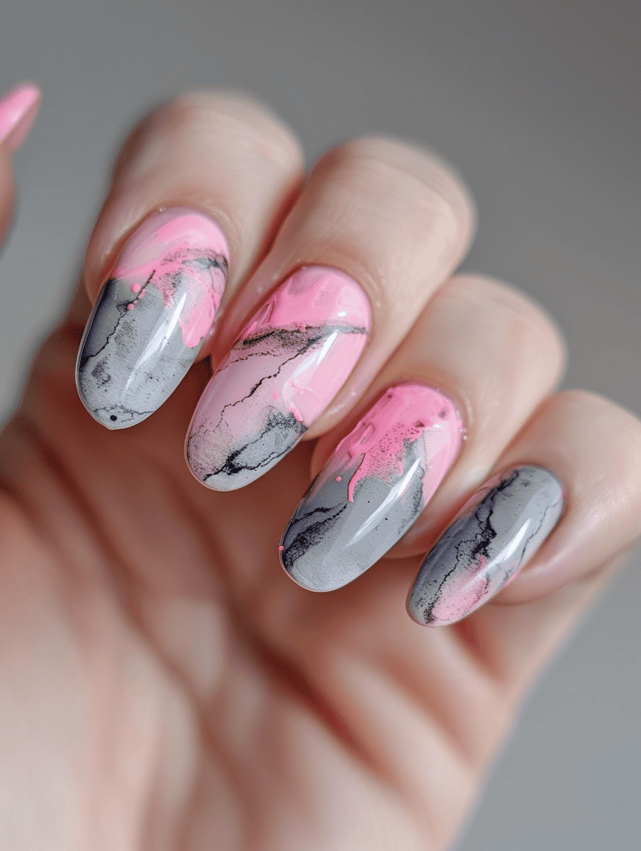 grey marble effect nails with pink highlights