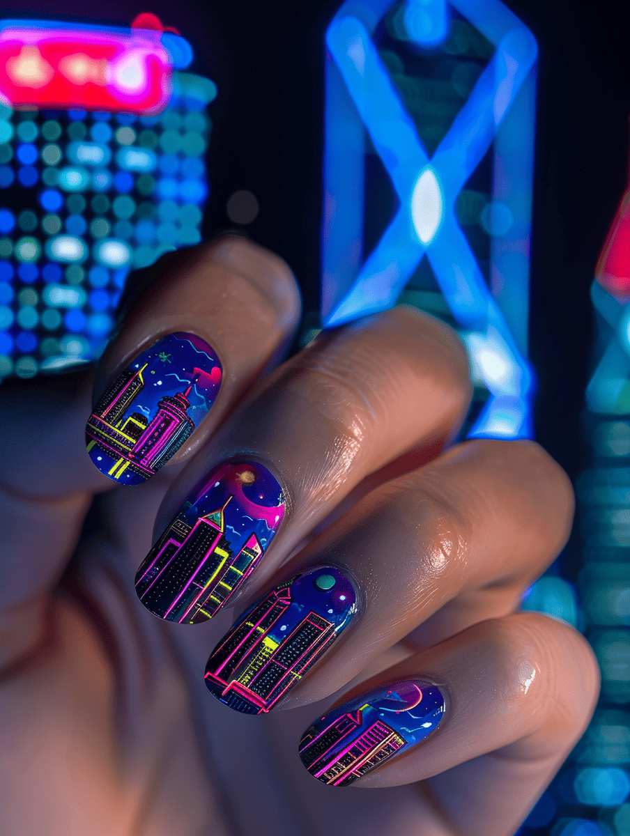 city skyline nail art design featuring the Hong Kong skyline with a neon glow