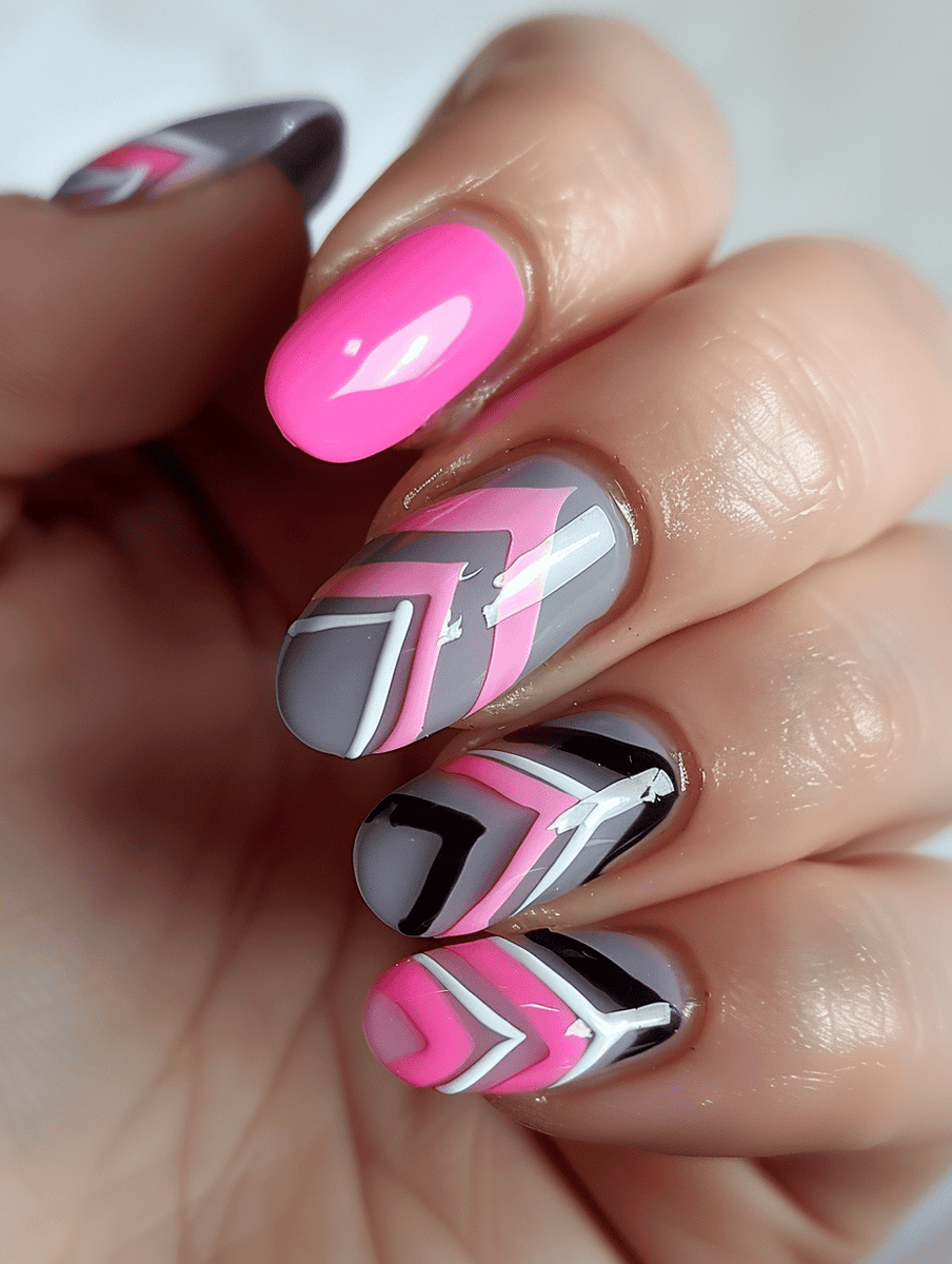 pink and grey chevron pattern nails