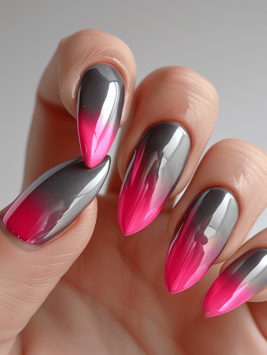 grey nails with pink metallic tips
