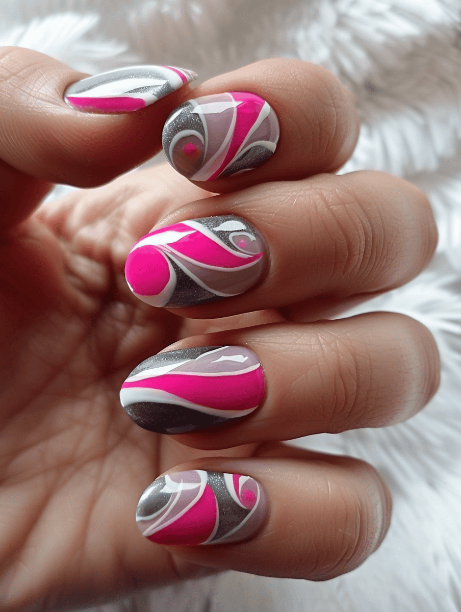 pink and grey swirl pattern nails