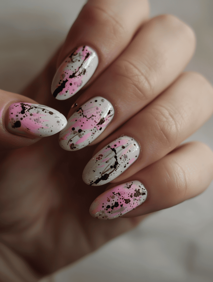 pink and grey splatter effect nails
