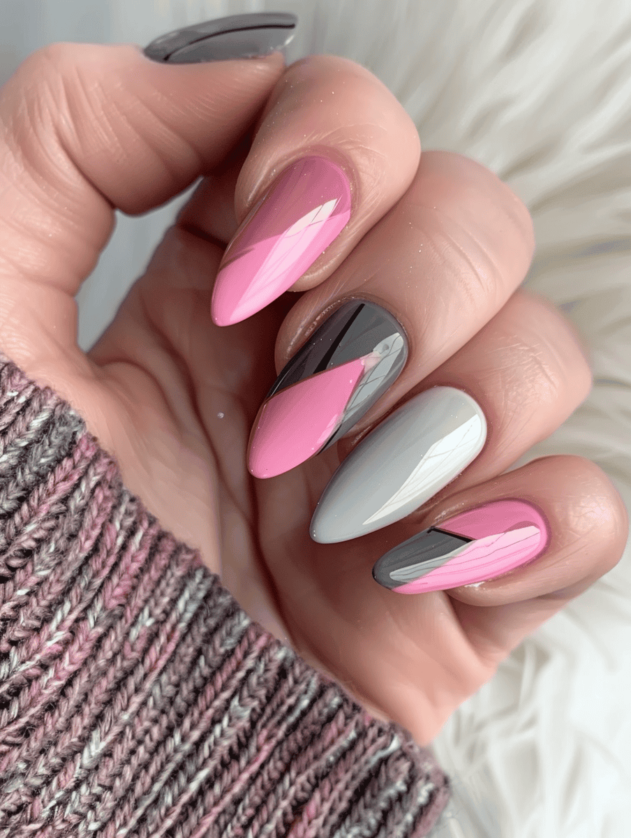 pink and grey geometric pattern nails