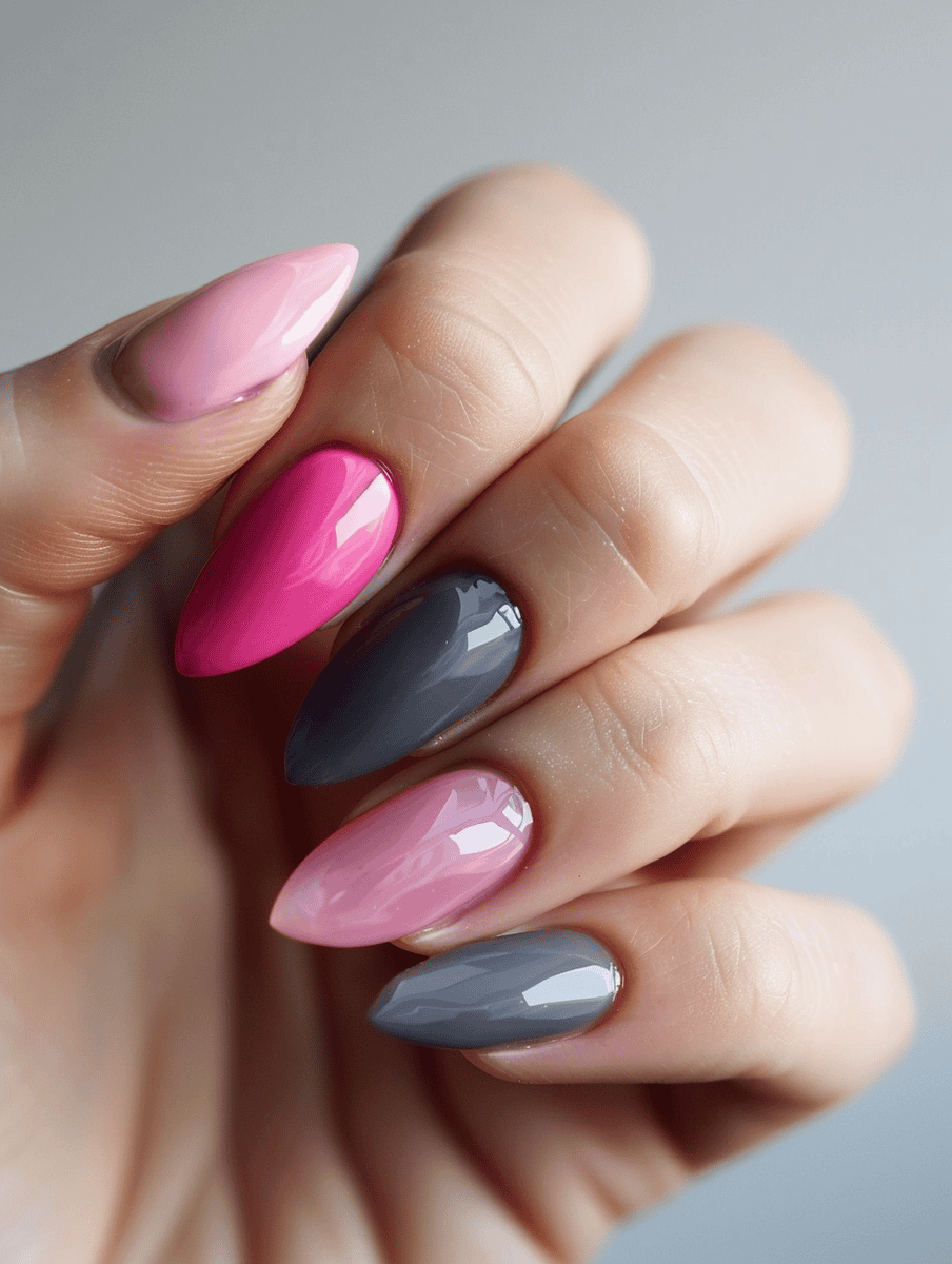 alternating pink and grey nails