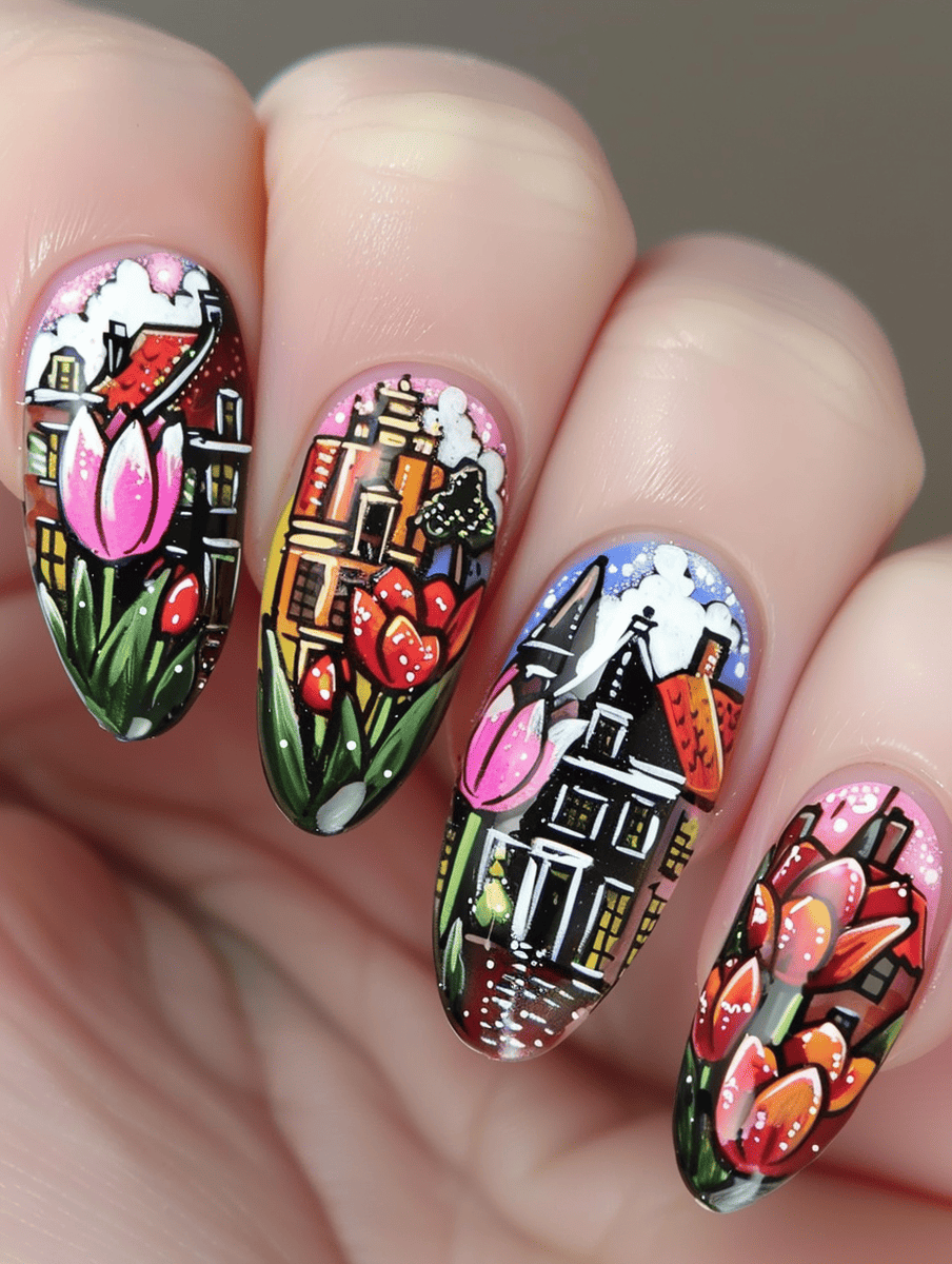 city skyline nail art design with Amsterdam canals and tulip accents