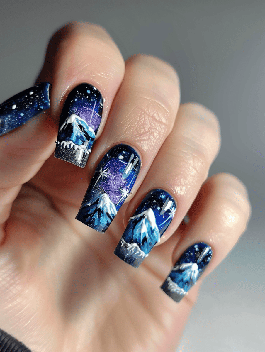 mountain landscape nail art with a starry night and mountain range