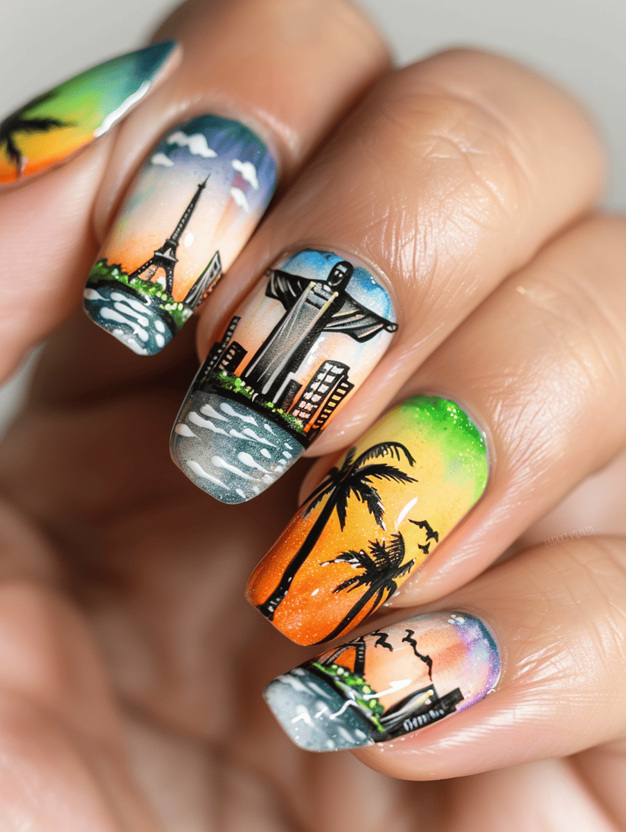 city skyline nail art design featuring Christ the Redeemer with a tropical background
