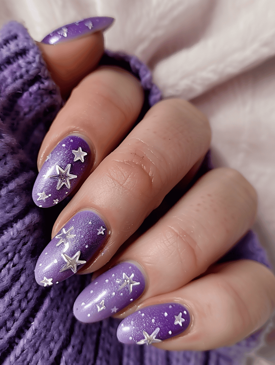 Lavender nails with silver stars