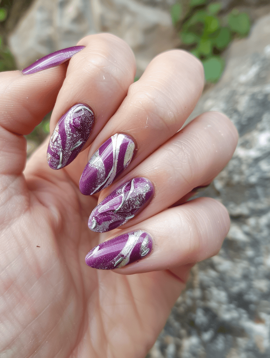 Purple and silver marble effect nails