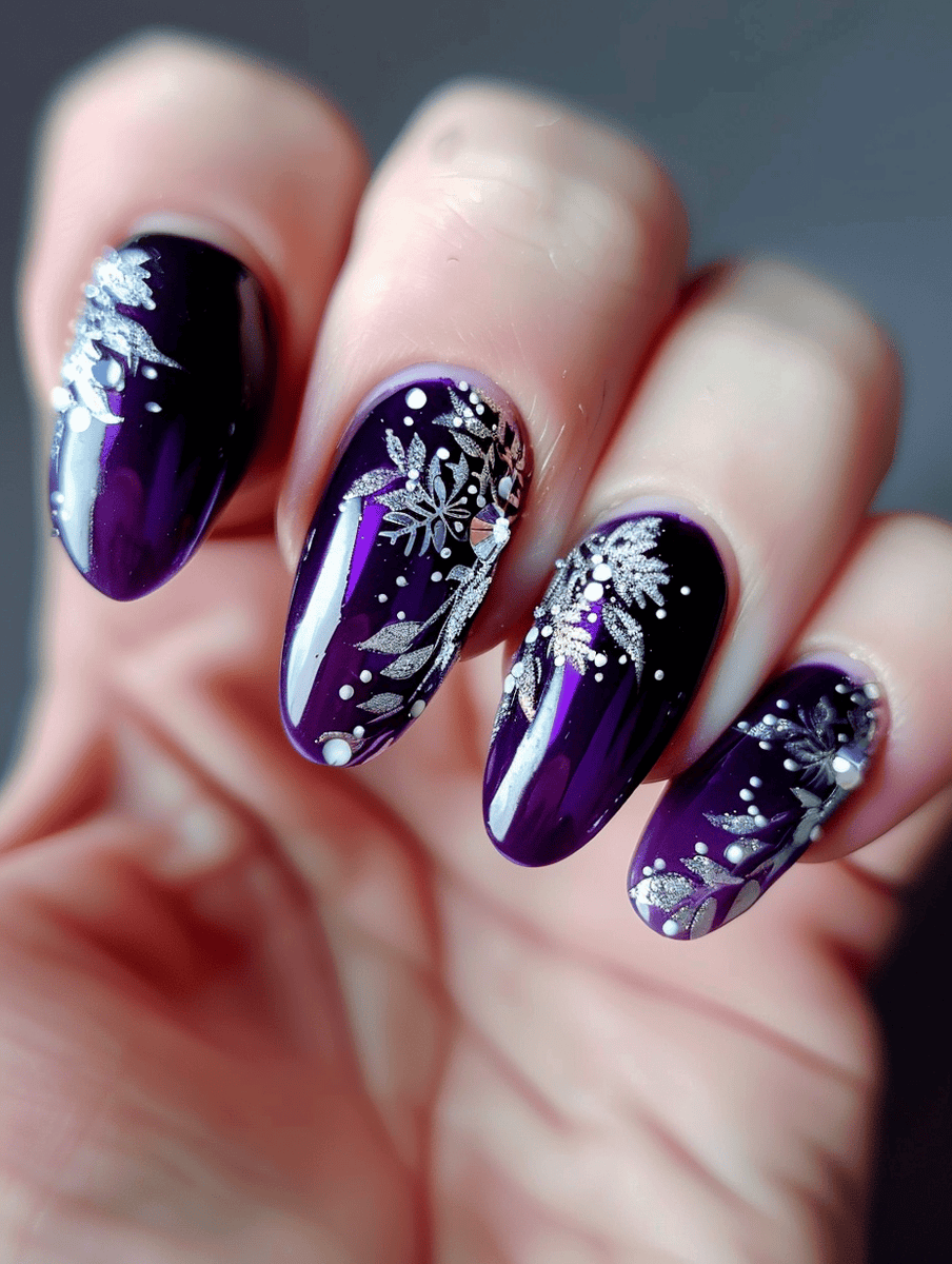 Dark purple nails with silver foil