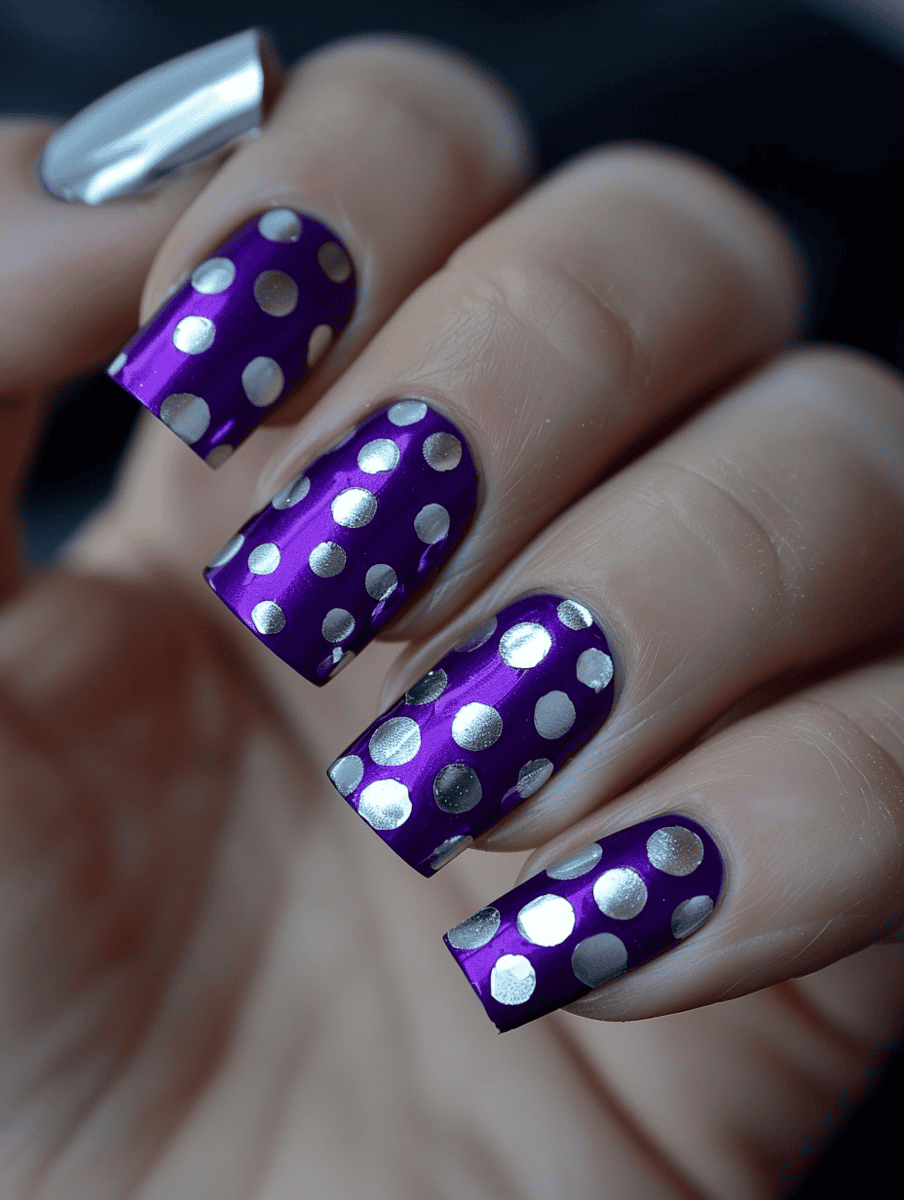 Silver polka dots on purple nails
