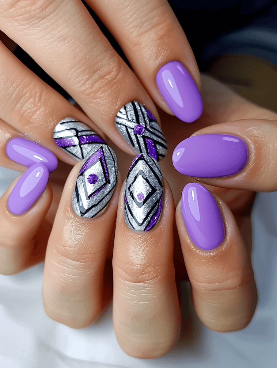 Silver geometric patterns on lilac nails