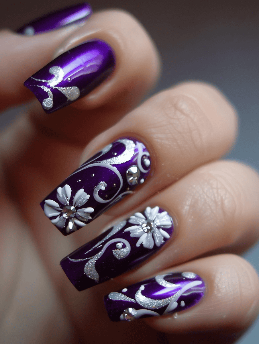 Silver vines on deep purple nails