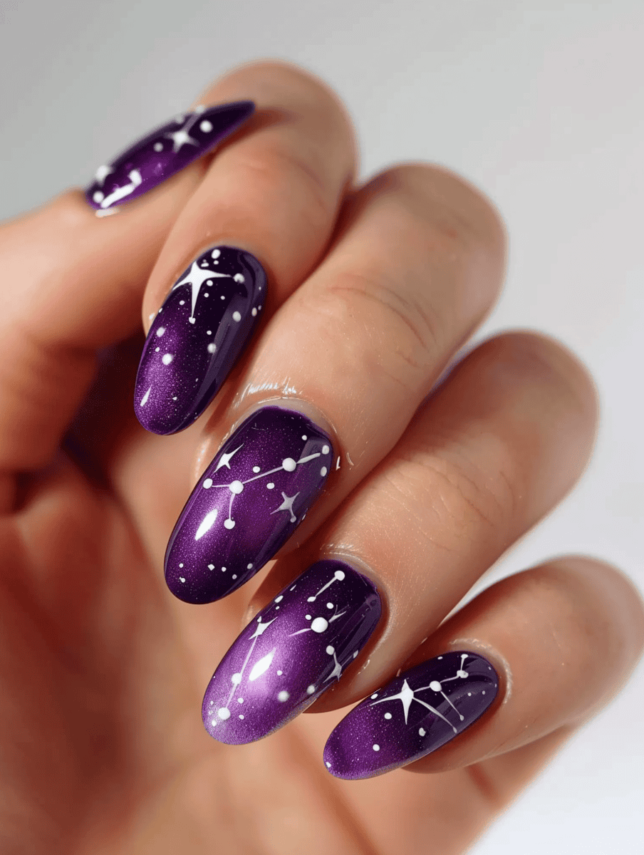 Deep violet nails with silver constellation patterns

