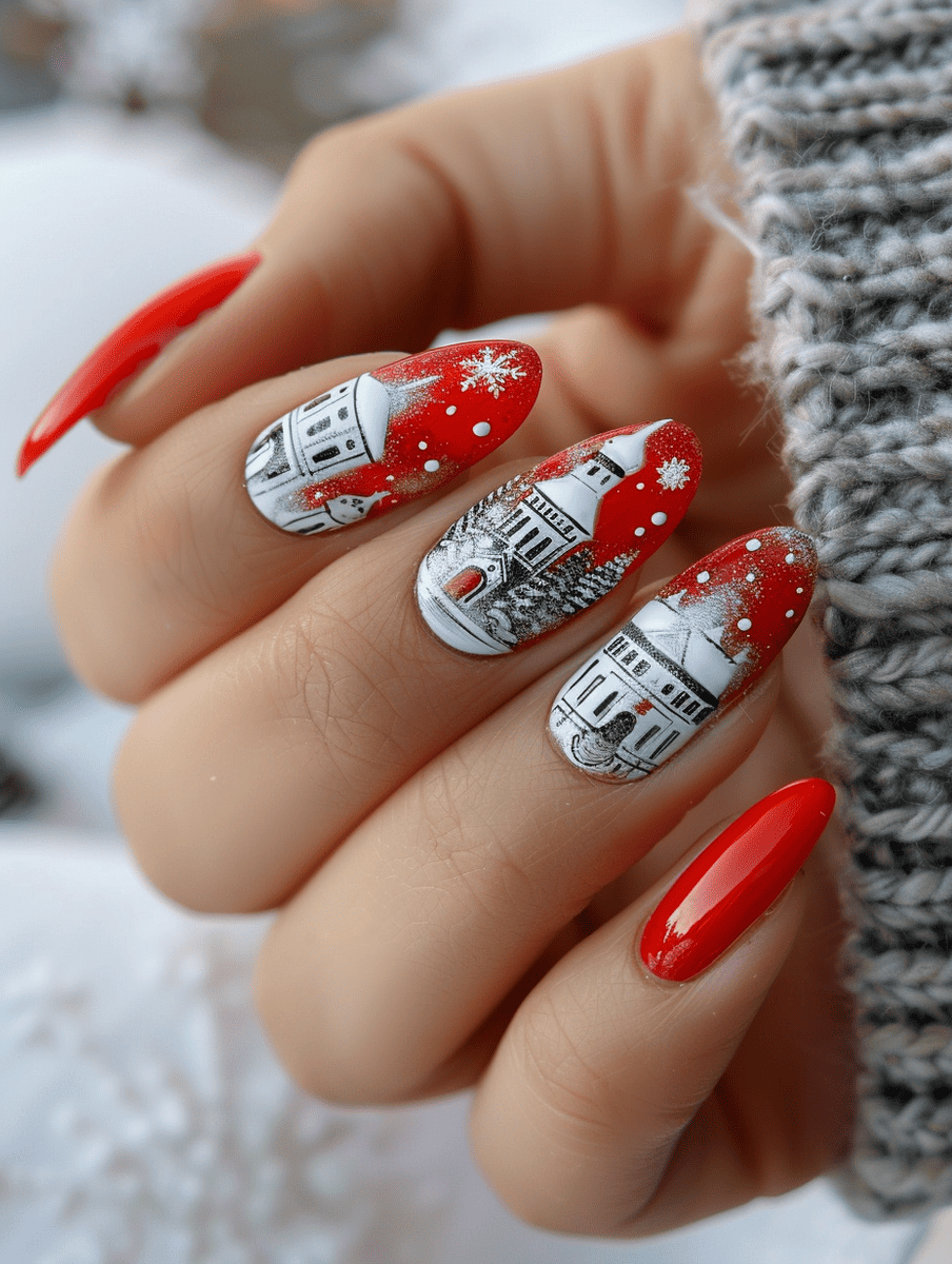 city skyline nail art design showcasing Moscow's Red Square with snowflake patterns