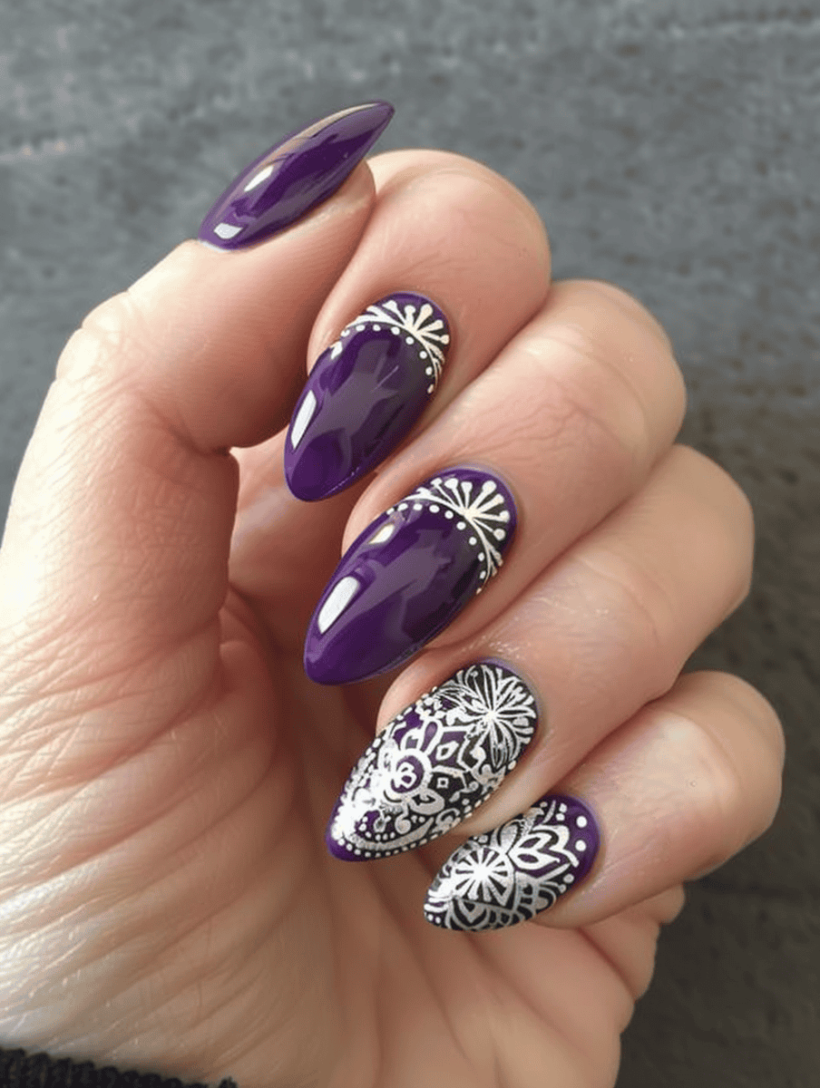 Silver mandala designs on lavender nails