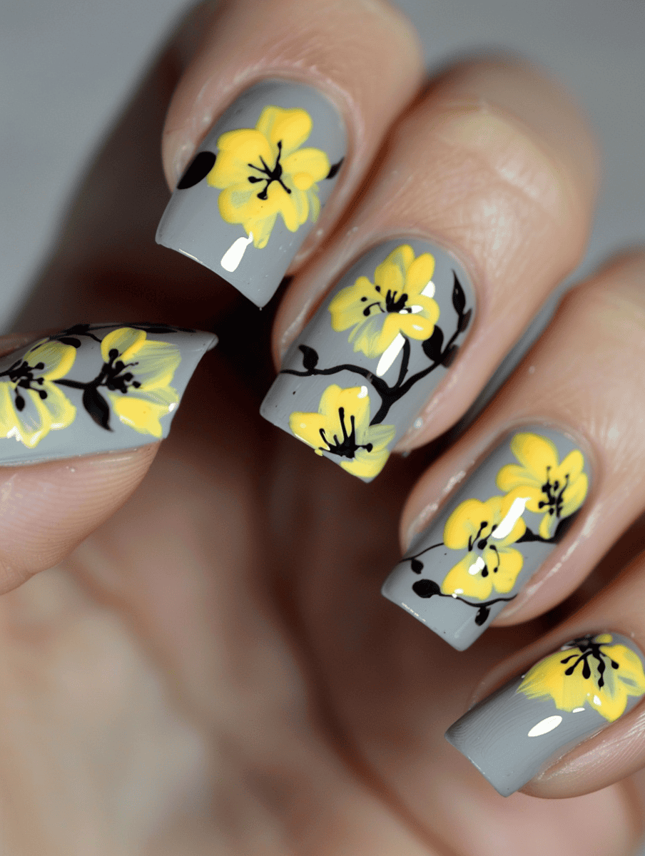 Grey nails with yellow floral patterns