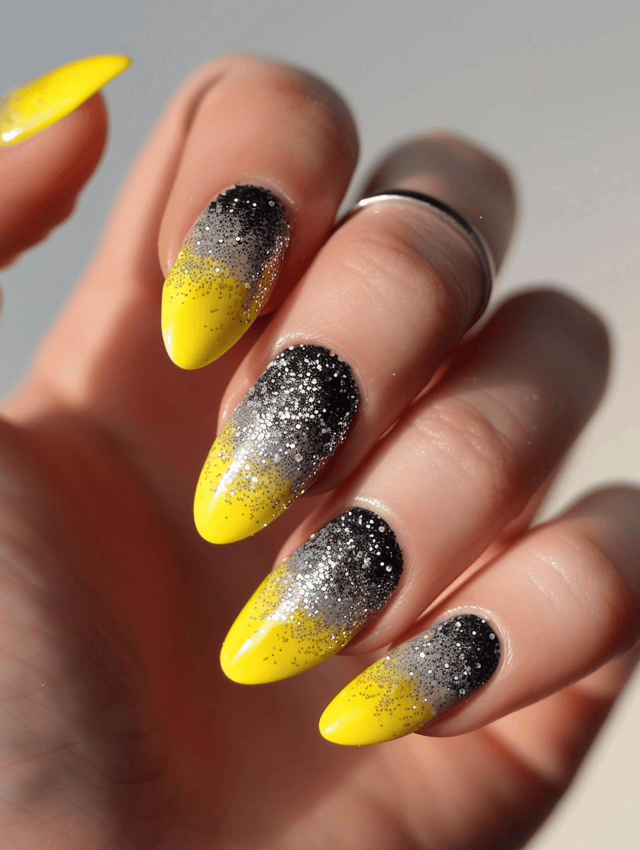 Yellow nails with grey glitter gradient