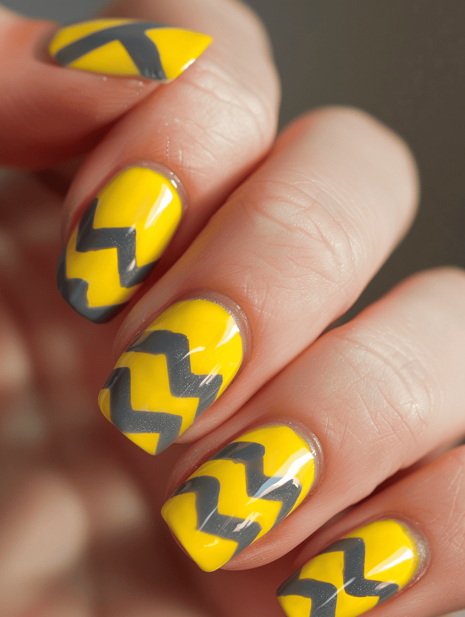 Yellow nails with grey chevron patterns