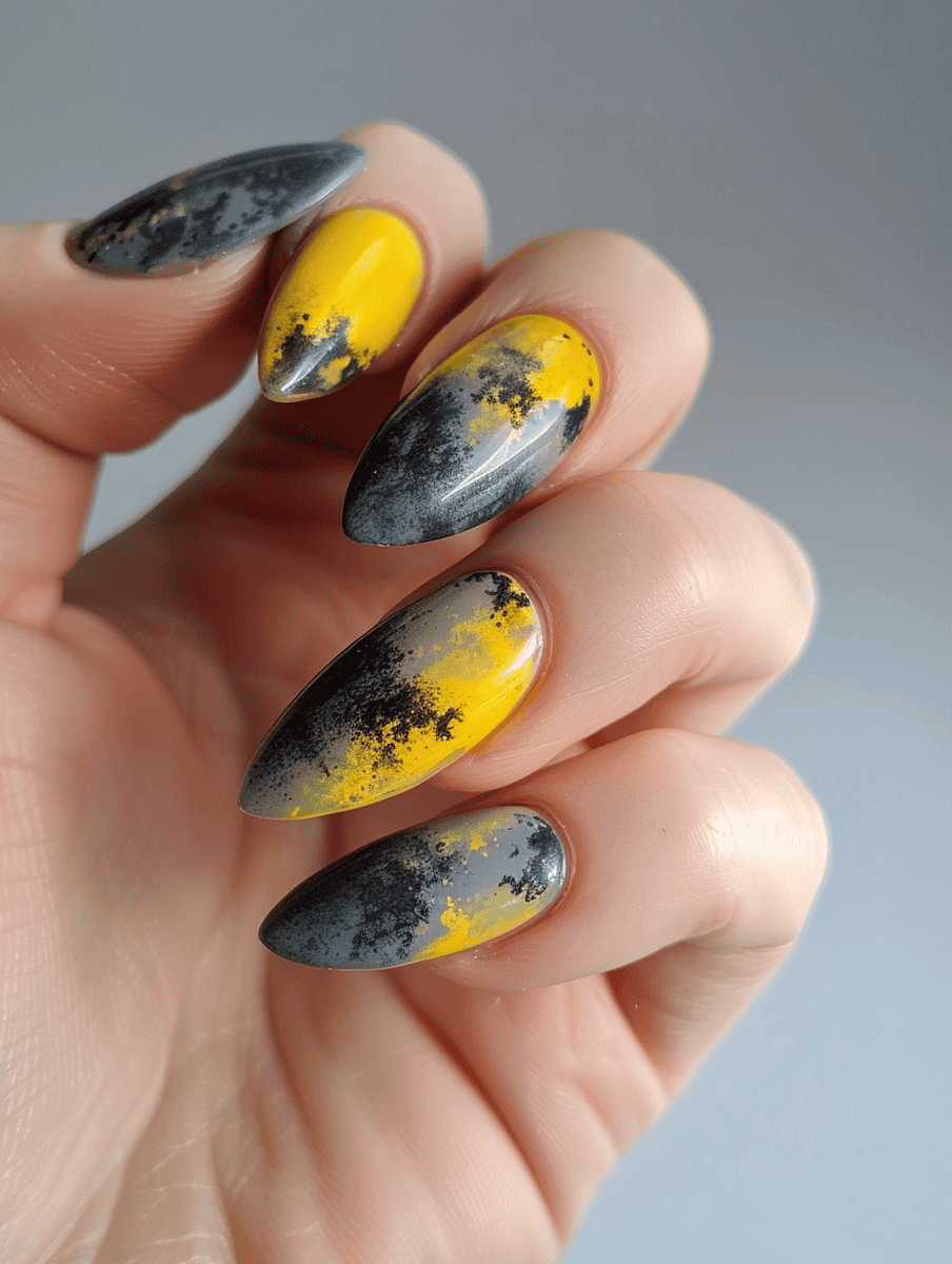 Grey and yellow watercolor effect nails