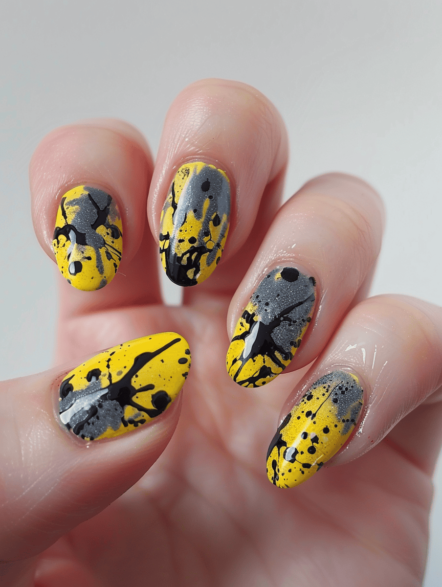 Grey and yellow splatter nails