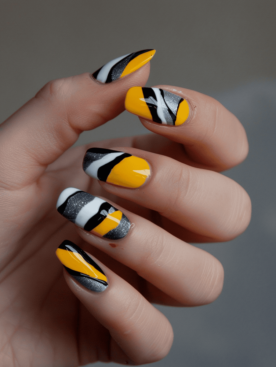 Yellow and grey abstract art nails
