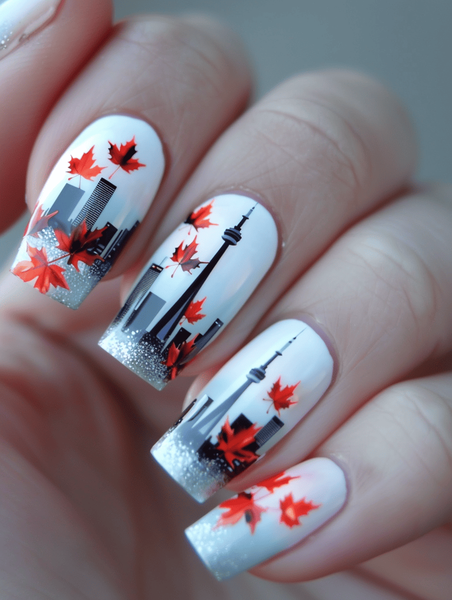 city skyline nail art design with the Toronto CN Tower and maple leaf details