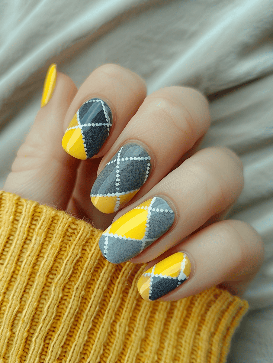 Grey nails with a splash of yellow art