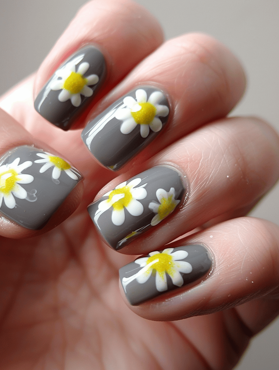 Grey nails with yellow and white daisy accents