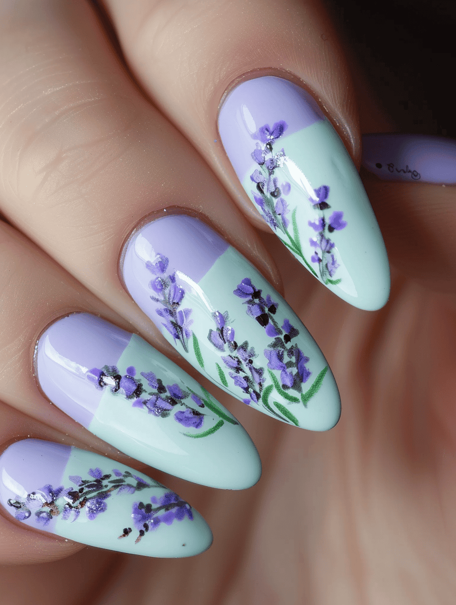 Mint and purple nails with lavender floral accents