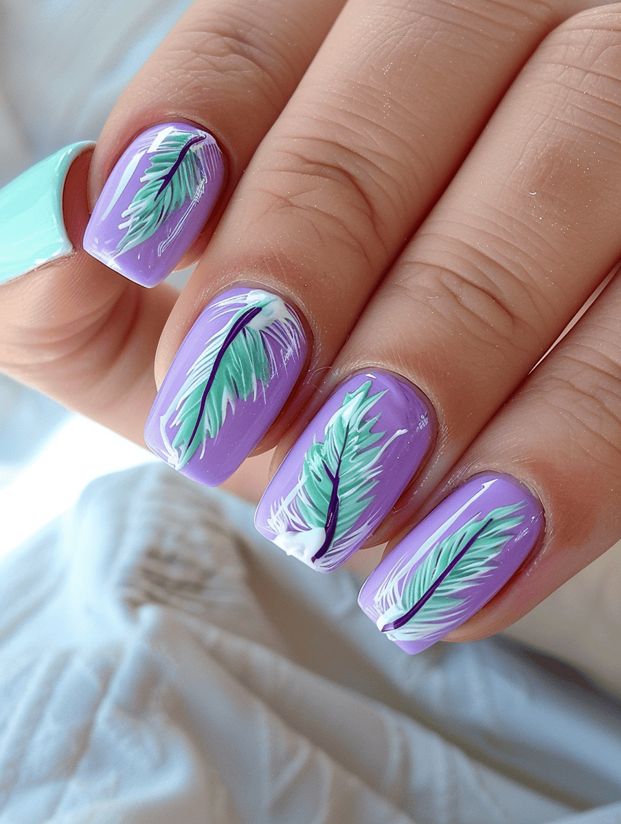 Lavender nails with mint feather accents