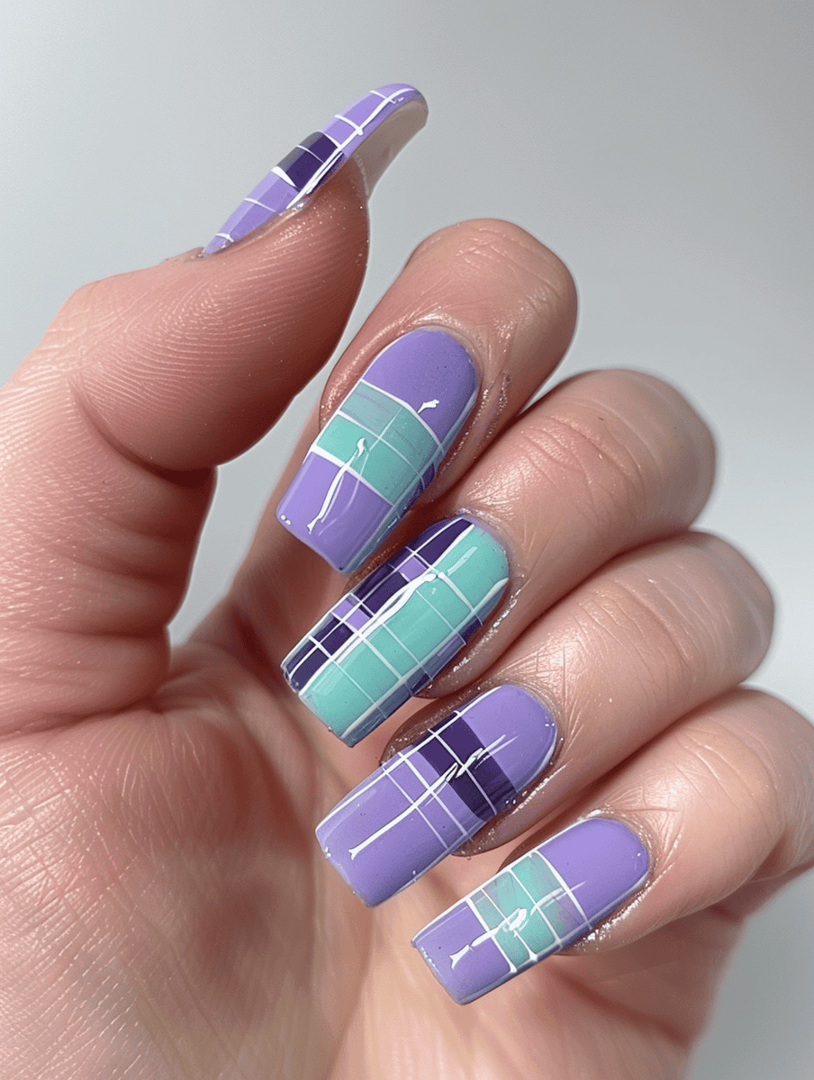 Lavender and mint plaid nail art