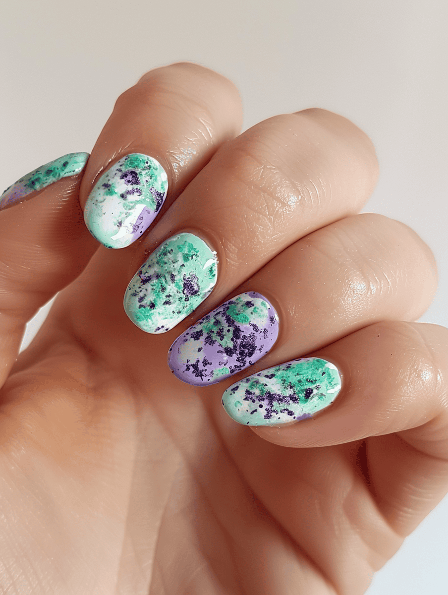 Mint and lavender splatter paint effect
